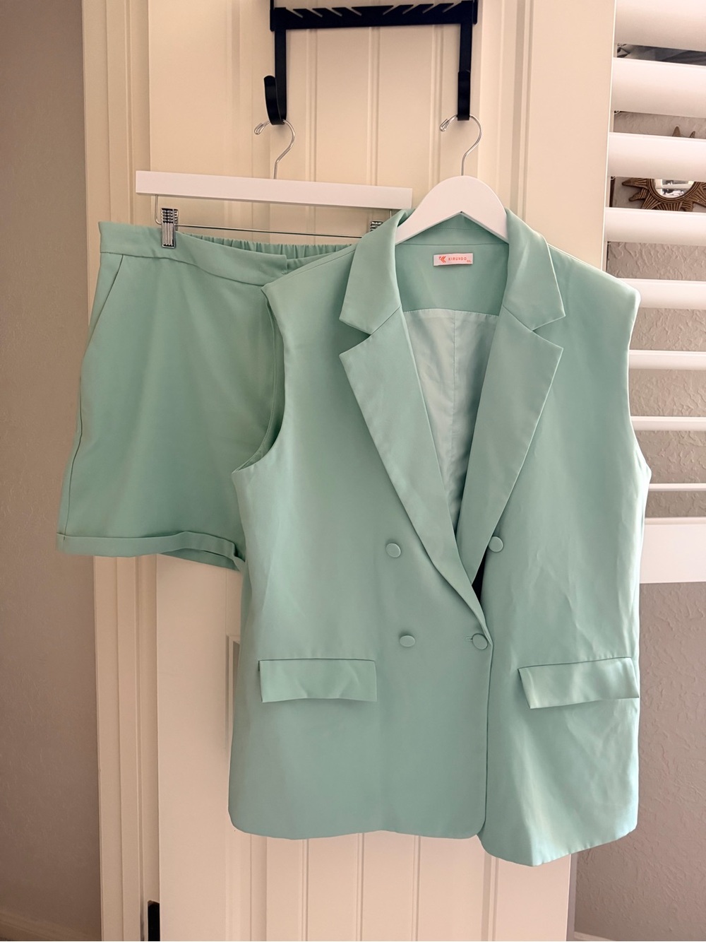 Sleeveless Double-Breasted Mint Blazer & Shorts Set